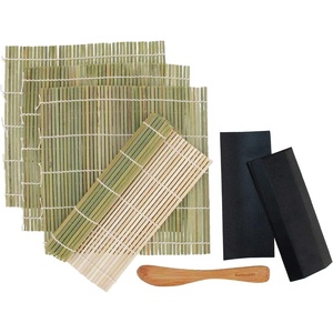 image:imageBambooMN 4x Natural Bamboo Sushi Rolling Mats 2x Bamboo Sushi Plates and Spreader Set  100 Bamboo Mats and UtensilsGreen Mats  Black Plates  Speader