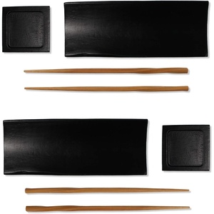 image:imageBambooMN 6 Piece 2 Sets of 7 Reusable EcoFriendly Black Bamboo Sushi Serving PlatesTrays Chopsticks and Soy Sauce Dishes IncludedBlack