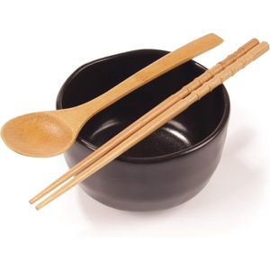 image:imageBambooMN Brand  Handcrafted Ceramic Noodle Soup Bowl with Bamboo chopsticks and Spoon  White  2 SetsBlack Bowl Set