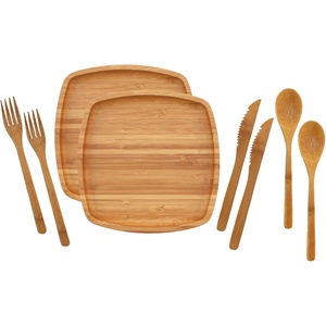image:imageBambooMN Camping Mess Kit Lightweight Organic 8 x 8 Bamboo Plates Forks Knifes and Spoons for Camping Hiking or Backpacking  2 Sets2 Sets