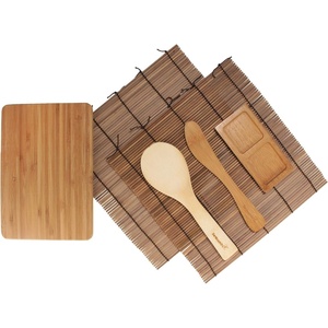 image:imageBambooMN Sushi Maker Kit  2x Carbonized Brown Sushi Rolling Mats Rice Paddle Spreader Sushi Sauce Dish and Cutting Display BoardCarbonized Sushi Making Kit