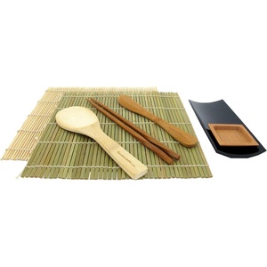 image:imageBambooMN Sushi Making Kit with Serving Set  2 Sushi Rolling Mats Makisu Rice Paddle Spreader Black Serving Tray Sauce Dish and Chopsticks