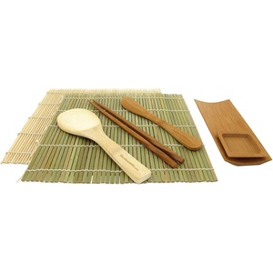 image:imageBambooMN Sushi Making Kit with Serving Set  2 Sushi Rolling Mats Makisu Rice Paddle Spreader Carbonized Brown Serving Tray Sauce Dish and Chopsticks