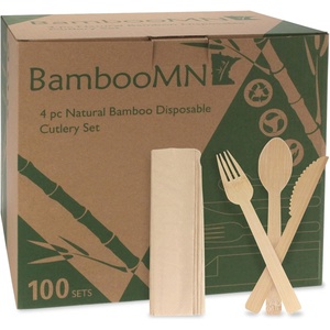 image:imageNatural Dinner Party Catering Bamboo Veneer Utensil 4pc Set  Spoon Fork Knife Napkin  Twine Tied  100 SetsBagged  100 Sets