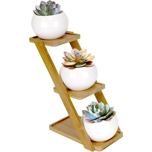 image:imageBambooMN  Ceramic Succulent Pots  3 Pots  Square  with Bamboo Stand  White  351