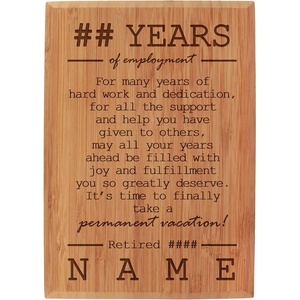 image:imageBambooMN  Custom Laser Engraved Retirement Plaque  79 x 55 x 075  Years of EmploymentYears of Employment