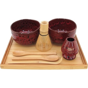 image:imageBambooMN Brand  Matcha Bowl Set Includes 2 Bowls Tea Whisk Rest Large Tray 2 Teaspoons and Chasaku  1 Set  Mint GreenDeep Red w Black