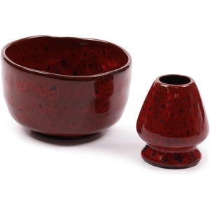 image:imageBambooMN Brand  Matcha Ceramic Set  Matcha Bowl and Whisk Holder  2 Sets Deep Red with Black