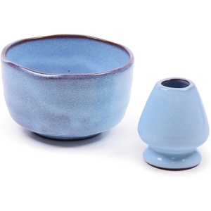image:imageBambooMN Brand  Matcha Ceramic Set  Matcha Bowl and Whisk Holder  2 Sets Shimmering Blue