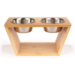 image:imageBambooMN Elevated Dog Bowl Feeder  100 Bamboo Stand 4 Metal Bowls for Food and Water  MediumMedium