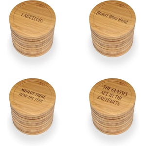 image:imageBambooMN Engraved Round Bamboo Coasters  BeerWine Theme  Assortment B  4 UnitsAssortment B