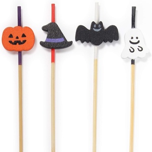 image:imageHalloween Holiday Assorted Bamboo Picks Skewers for Appetizers Food Drinks Desserts  39 10cm  Pumpkin Witch Hat Bat Ghost  100pcsHalloween Assorted
