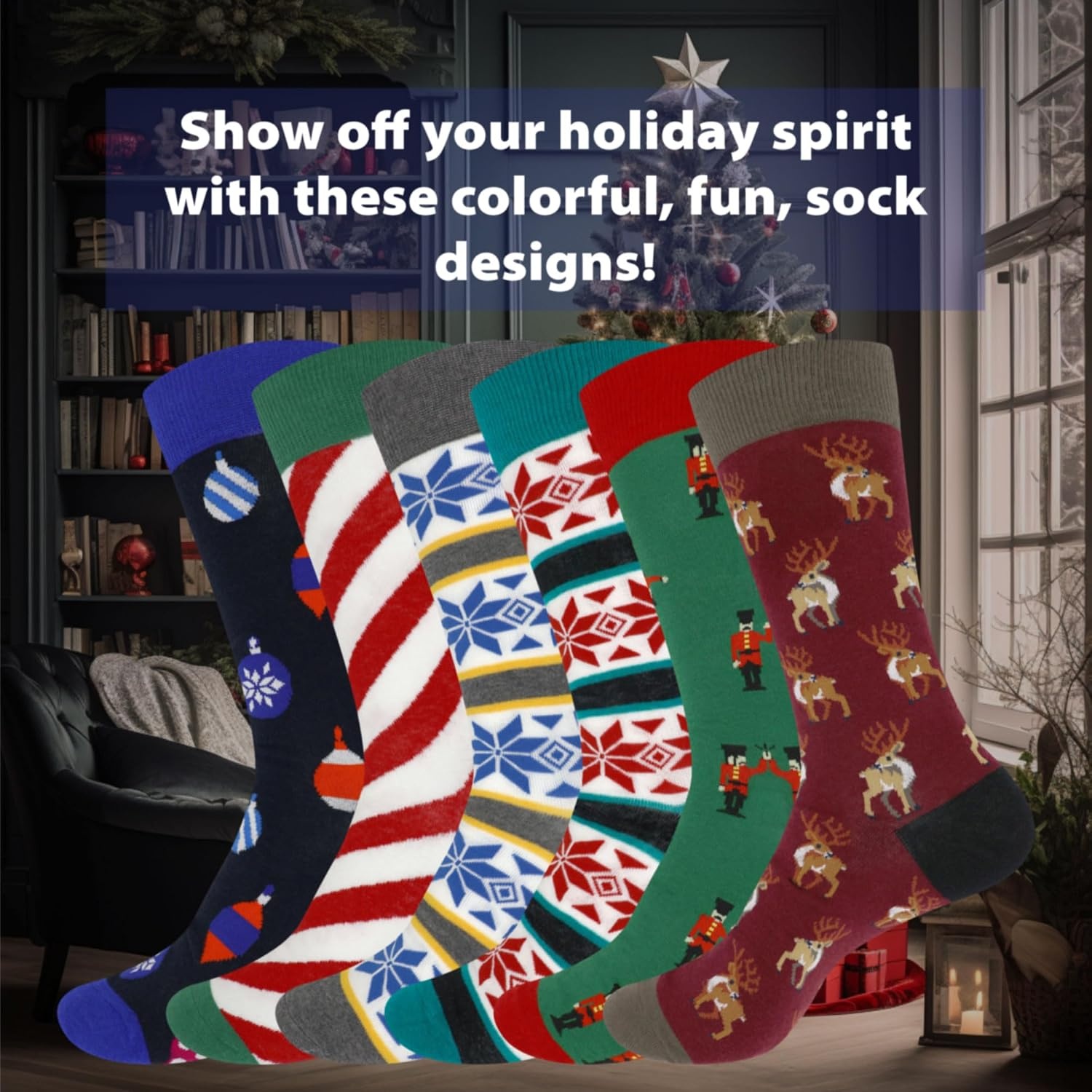 image:imageBambooMN Mens Christmas Socks Cotton Colorful Design Fashion Novelty Dress Xmas Theme Socks  Assorted PacksXmas Colors