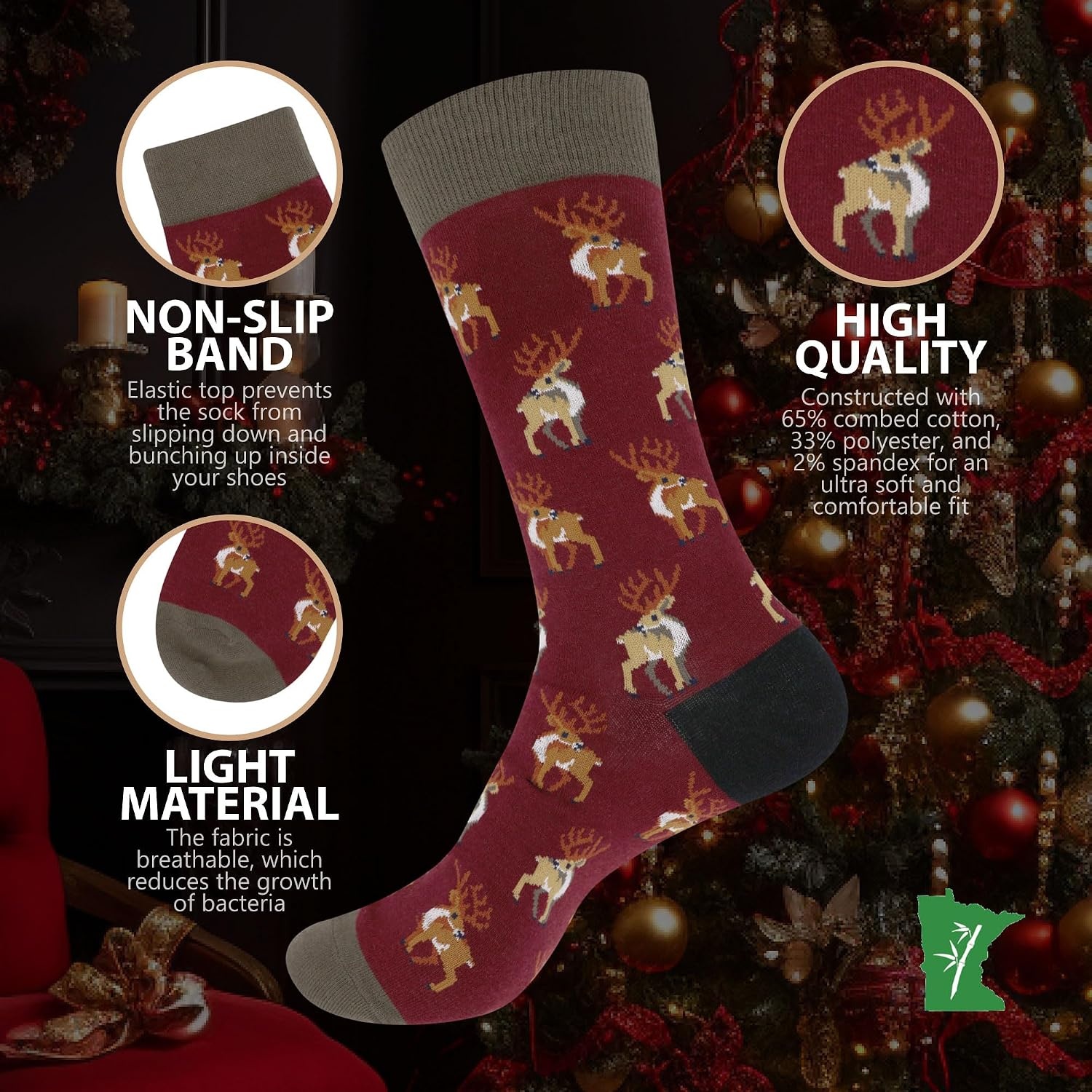 image:imageBambooMN Mens Christmas Socks Cotton Colorful Design Fashion Novelty Dress Xmas Theme Socks  Assorted PacksXmas Colors