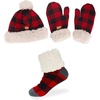 image:imageAdult Womens Super Soft Warm Fuzzy Cozy Winter Socks Beanie Pom Pom Hat and Mittens Set  1 SetRed Plaid