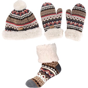 image:imageAdult Womens Super Soft Warm Fuzzy Cozy Winter Socks Beanie Pom Pom Hat and Mittens Set  1 SetBrown Design
