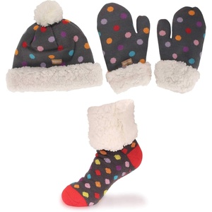 image:imageAdult Womens Super Soft Warm Fuzzy Cozy Winter Socks Beanie Pom Pom Hat and Mittens Set  1 SetCircle Dots
