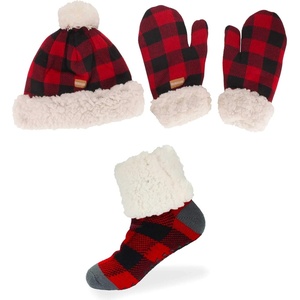 image:imageAdult Womens Super Soft Warm Fuzzy Cozy Winter Socks Beanie Pom Pom Hat and Mittens Set  1 SetRed Plaid