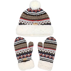 image:imageBambooMN Womens Classic Winter Fleeced Thermal Pom Pom Beanie Hat and Mittens SetBrown Pattern