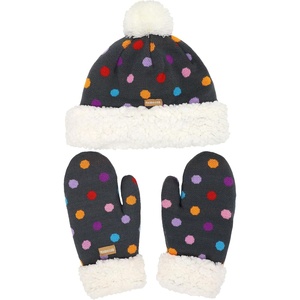 image:imageBambooMN Womens Classic Winter Fleeced Thermal Pom Pom Beanie Hat and Mittens SetRainbow Dots