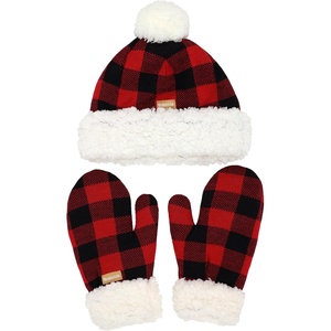 image:imageBambooMN Womens Classic Winter Fleeced Thermal Pom Pom Beanie Hat and Mittens SetRed  Black Plaid