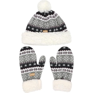 image:imageBambooMN Womens Classic Winter Fleeced Thermal Pom Pom Beanie Hat and Mittens SetWhite Snowflake