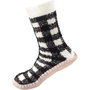image:imageBambooMN Womens Patterned Knit Gripper Boot Slippers with TasselGingham Plaid